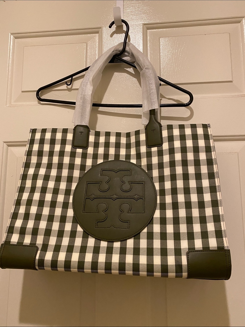 Tory Burch Olive and White Gingham Tote with Logo Medallion